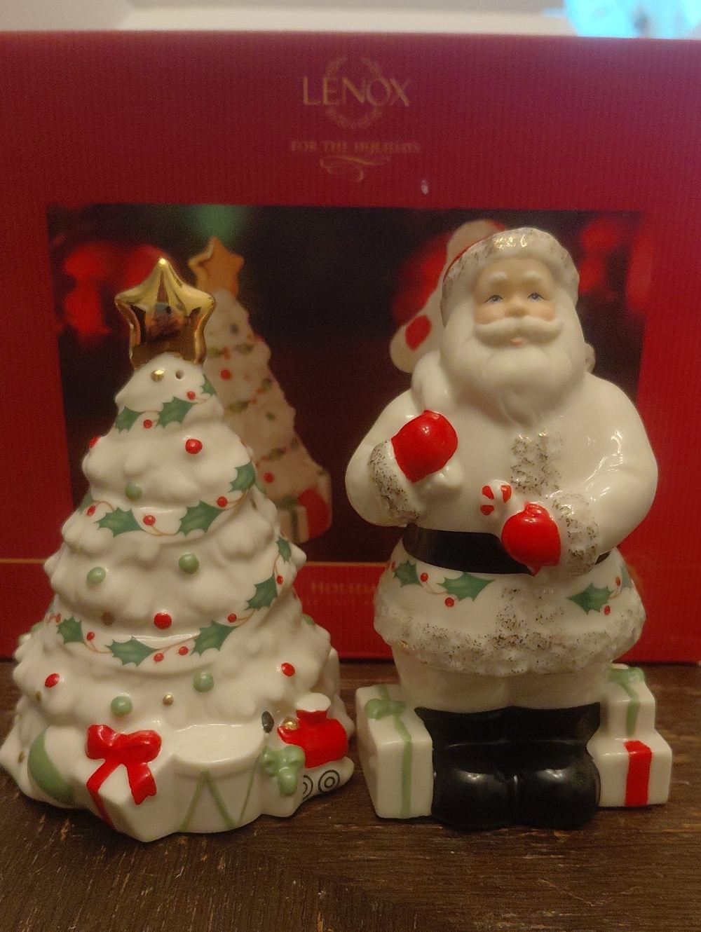 Lenox Santa and Christmas Tree Salt And Pepper Set with Red and Green Accents